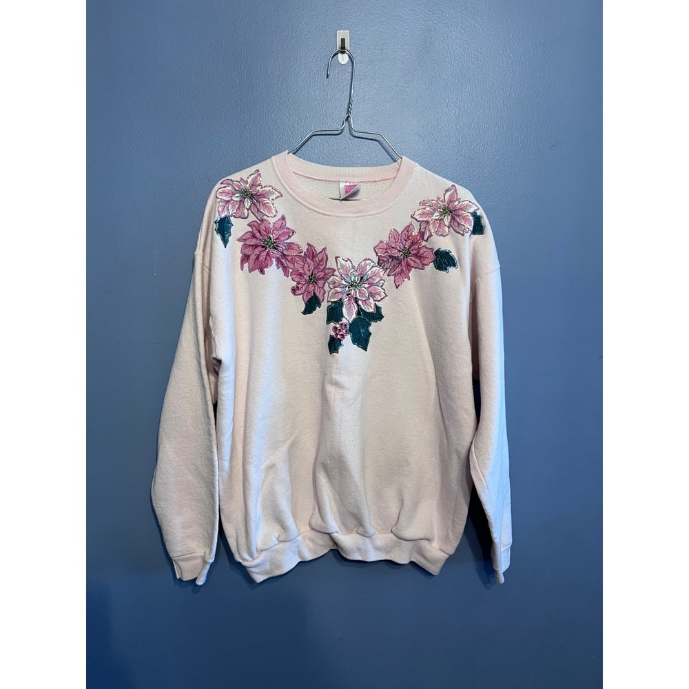 Vintage 1990s Pale Pink Crewneck W Glitter Poinsettia Flowers Holiday Xmas SZ LG